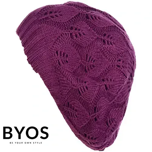 BYOS Women Mid-Weight Slouchy Leafy Cutout Crochet Soft Knit French Beret Hat - 4