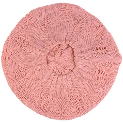 BYOS Women Mid-Weight Slouchy Leafy Cutout Crochet Soft Knit French Beret Hat - 3