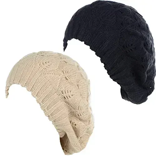 BYOS Women Mid-Weight Slouchy Leafy Cutout Crochet Soft Knit French Beret Hat 