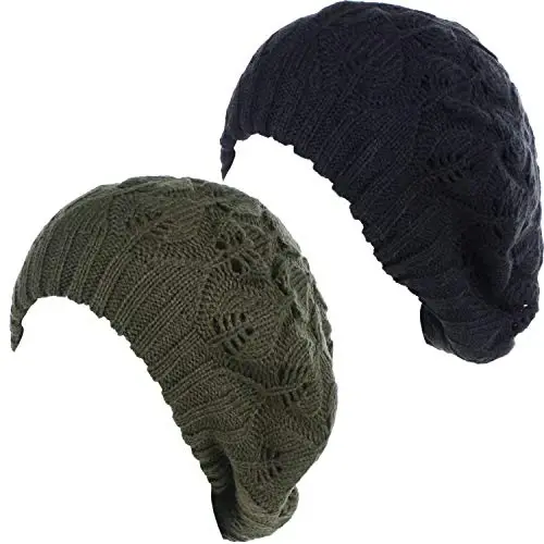 BYOS Women Mid-Weight Slouchy Leafy Cutout Crochet Soft Knit French Beret Hat - BYOS