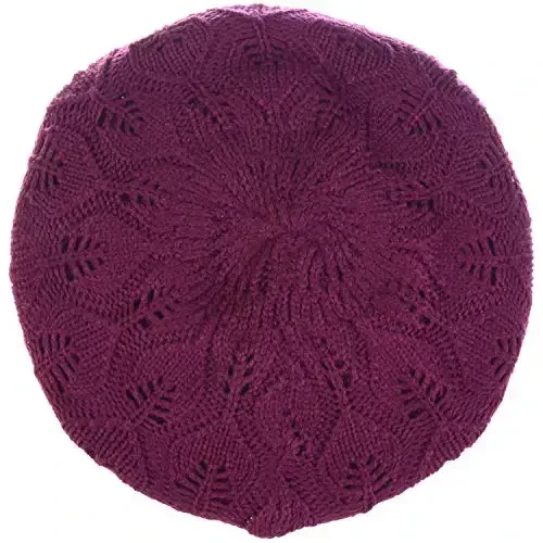 BYOS Women Mid-Weight Slouchy Leafy Cutout Crochet Soft Knit French Beret Hat - 3