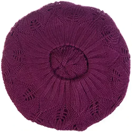 BYOS Women Mid-Weight Slouchy Leafy Cutout Crochet Soft Knit French Beret Hat - 4