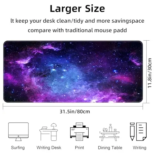 Bzu Galaxy Print Extended Big Mouse Pad Large,XL Gaming Mouse Pad Desk Pad,31.5x11.8inch Long Computer Keyboard Mouse Mat Mousepad with 3mm Non-Slip Base and Stitched Edge for Home Office Work - 2