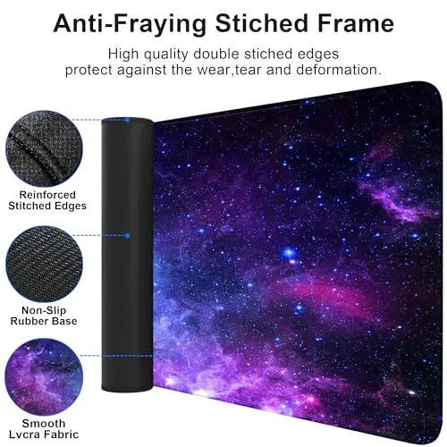 Bzu Galaxy Print Extended Katta sichqoncha yostig'i Katta,XL O'yin sichqonchasi yostig'i Stol yostig'i,31.5x11.8 dyuymli uzun kompyuter klaviaturasi sichqoncha yostig'i 3 mm sirpanmaydigan taglik va uy ofis ishi uchun tikilgan qirrasi bilan sichqoncha yostig'i - 3