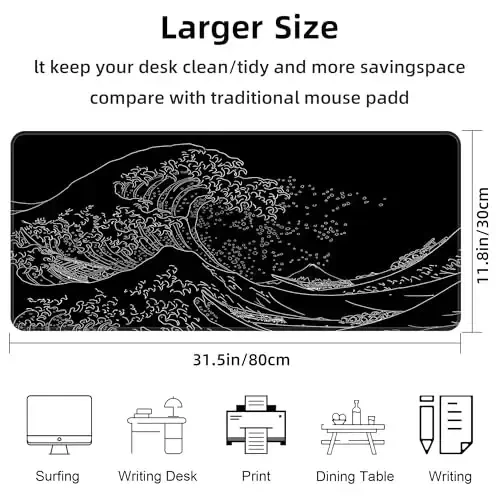 BZU Японская морская волна Расширенный большой коврик для мыши Large, XL Gaming Mouse Pad Desk Pad, 31.5x11.8inch Long Computer Keyboard Mouse Mat Mousepad с нескользящим основанием 3 мм и прошитым краем для дома офисной работы - BZU (1)