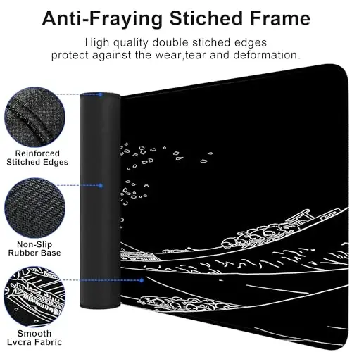 BZU Japon Deniz Dalgası Genişletilmiş Büyük Mouse Pad Büyük, XL Oyun Mouse Pad Masa Pedi, 31,5x11,8 inç Uzun Bilgisayar Klavye Mouse Matı, 3 mm Kaymaz Taban ve Dikişli Kenar ile Ev Ofis Çalışması için - 3