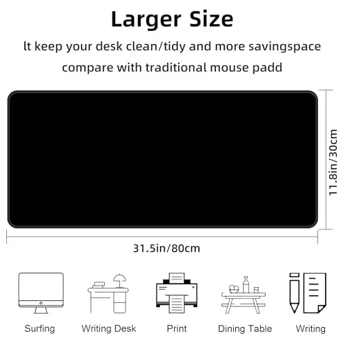 Bzu Black Extended Big Mouse Pad Large,XL Gaming Mouse Pad Desk Pad,31.5x11.8inch Long Computer Keyboard Mouse Mat Mousepad with 3mm Non-Slip Base and Stitched Edge for Home Office Work - BZU (1)