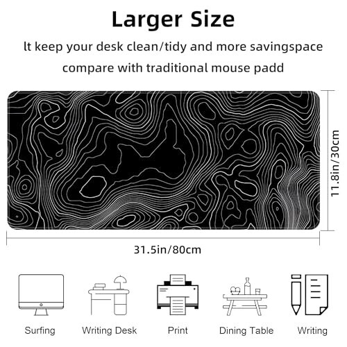 Mouse Pad Gaming Mousepad 31.5 x 11.8in Desk Mat for Keyboard and Mouse with Anti-Slip Rubber Base, Keyboard Pad XL Large Mouse Pad for Home and Office(Black Topographic) - MODAZONE (1)