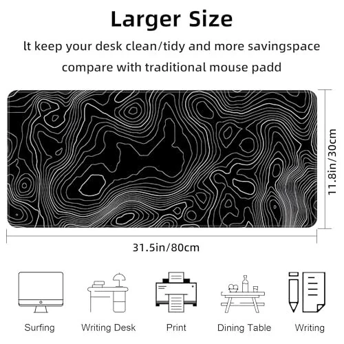 Mouse Pad Gaming Mousepad 31.5 x 11.8in Desk Mat for Keyboard and Mouse with Anti-Slip Rubber Base, Keyboard Pad XL Large Mouse Pad for Home and Office(Black Topographic) - BZU (1)