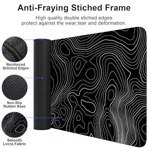 Mouse Pad Gaming Mousepad 31.5 x 11.8in Desk Mat for Keyboard and Mouse with Anti-Slip Rubber Base, Keyboard Pad XL Large Mouse Pad for Home and Office(Black Topographic) - 4