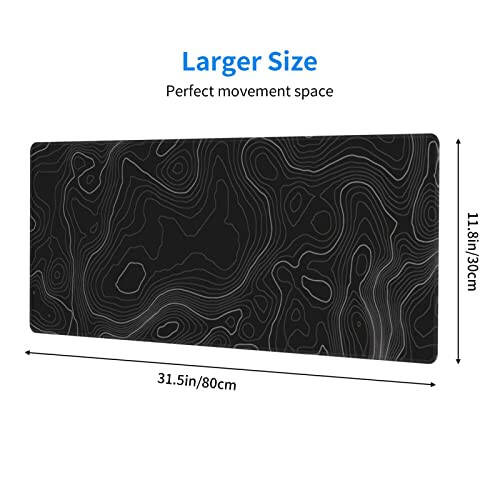 Mouse Pad Gaming Mousepad 31.5 x 11.8in Desk Mat for Keyboard and Mouse with Anti-Slip Rubber Base, Keyboard Pad XL Large Mouse Pad for Home and Office(Black Topographic) - 9
