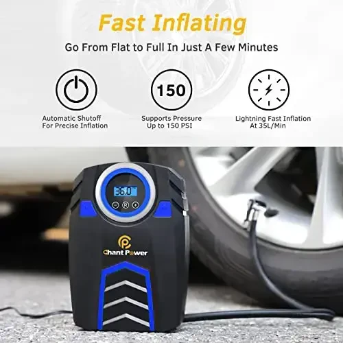 C P CHANTPOWER Air Compressor Tire Inflator,12V DC Car Tire Pump with Digital Pressure Gauge, 150PSI with Power Adaptor, Auto Shut Off for Car Tires, Bicycles and Other Inflatables (2-Blue) - C P CHANTPOWER (1)