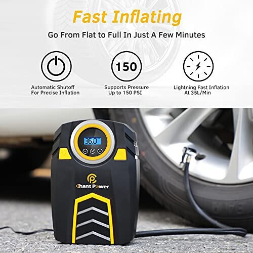 C P CHANTPOWER Air Compressor Tire Inflator,12V DC Car Tire Pump with Digital Pressure Gauge, 150PSI with Car Power Adaptor, Auto Shut Off for Car Tires, Bicycles and Other Inflatables (1-Yellow) - C P CHANTPOWER (1)