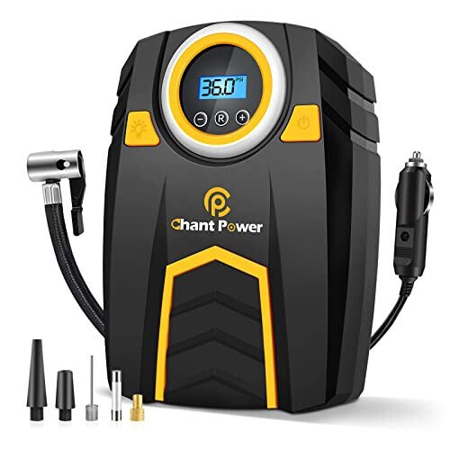 C P CHANTPOWER Air Compressor Tire Inflator,12V DC Car Tire Pump with Digital Pressure Gauge, 150PSI with Car Power Adaptor, Auto Shut Off for Car Tires, Bicycles and Other Inflatables (1-Yellow) - C P CHANTPOWER