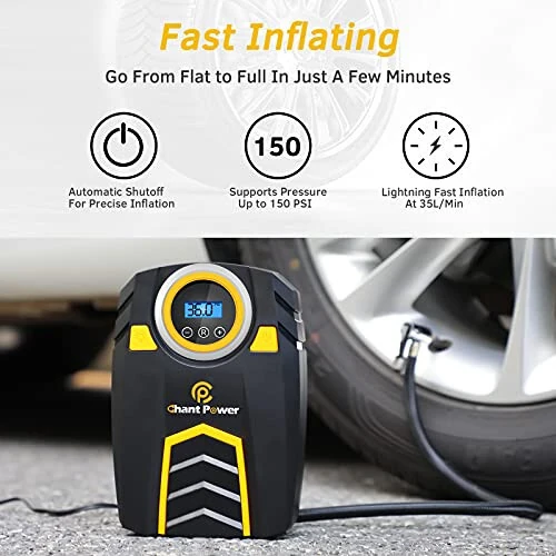 C P CHANTPOWER Air Compressor Tire Inflator,12V DC Car Tire Pump with Digital Pressure Gauge, 150PSI with Car Power Adaptor, Auto Shut Off for Car Tires, Bicycles and Other Inflatables (1-Yellow) - C P CHANTPOWER (1)