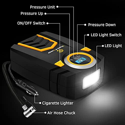 C P CHANTPOWER Air Compressor Tire Inflator,12V DC Car Tire Pump with Digital Pressure Gauge, 150PSI with Car Power Adaptor, Auto Shut Off for Car Tires, Bicycles and Other Inflatables (1-Yellow) - 3