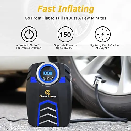 C P CHANTPOWER Havo Kompressor Shinalarni Shishirgich, 12V DC Avtomobil Shinalari Nasosi Raqamli Bosim O'lchagich bilan, 150PSI Quvvat Adapteri bilan, Avtomatik O'chirish Avtomobil Shinalari, Velosipedlar va Boshqa Shishiriladigan narsalar uchun (2-Moviy) - C P CHANTPOWER (1)