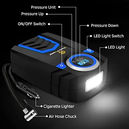 C P CHANTPOWER Havo Kompressor Shinalarni Shishirgich, 12V DC Avtomobil Shinalari Nasosi Raqamli Bosim O'lchagich bilan, 150PSI Quvvat Adapteri bilan, Avtomatik O'chirish Avtomobil Shinalari, Velosipedlar va Boshqa Shishiriladigan narsalar uchun (2-Moviy) - 3