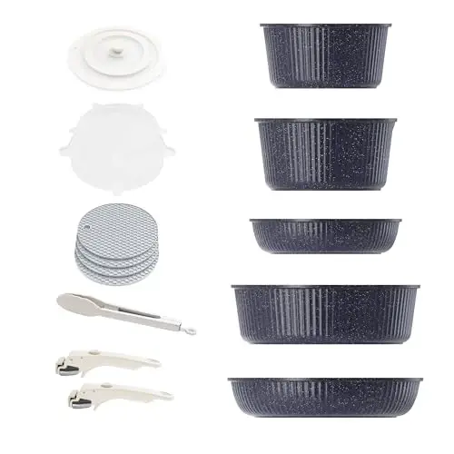 Caannasweis Detachable Nonstick Cookware Set - Stackable Induction Pots and Pans With Removable Handles, Dishwasher Safe - For RV Camping, Oven and Stovetop Use, 5 Pieces (Starry Sky) - 1