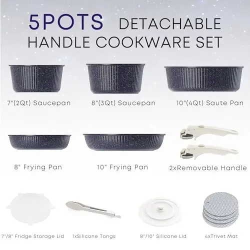 Caannasweis Detachable Nonstick Cookware Set - Stackable Induction Pots and Pans With Removable Handles, Dishwasher Safe - For RV Camping, Oven and Stovetop Use, 5 Pieces (Starry Sky) - 2