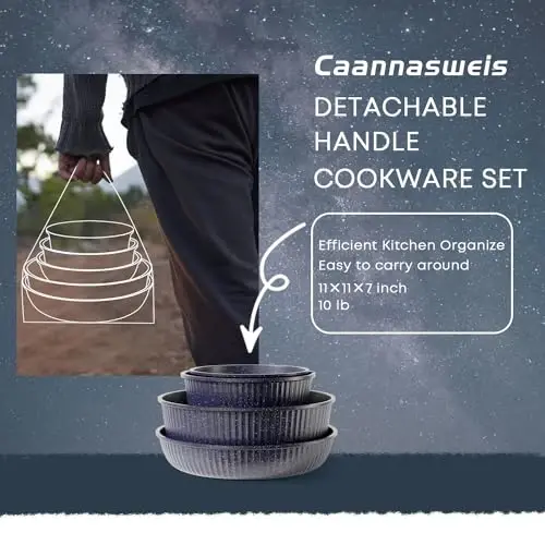 Caannasweis Detachable Nonstick Cookware Set - Stackable Induction Pots and Pans With Removable Handles, Dishwasher Safe - For RV Camping, Oven and Stovetop Use, 5 Pieces (Starry Sky) - 3