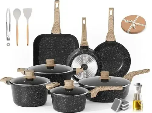 Caannasweis Pots and Pans Set, Nonstick Kitchen Cookware Sets, Granite Pot and Pan, Cooking Pans Pots Set (Classic Black, 20 Piece Cookware set) - 1