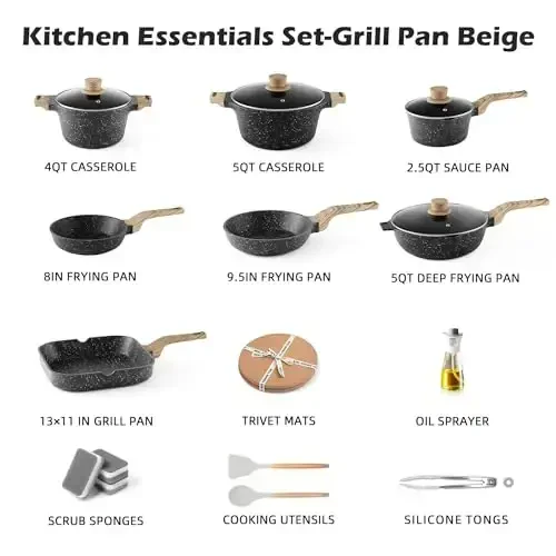 Caannasweis Pots and Pans Set, Nonstick Kitchen Cookware Sets, Granite Pot and Pan, Cooking Pans Pots Set (Classic Black, 20 Piece Cookware set) - 2