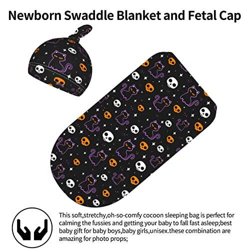 moremohome Halloween Cat Baby Swaddle Blankets & Hat Set (2 Pack, 21