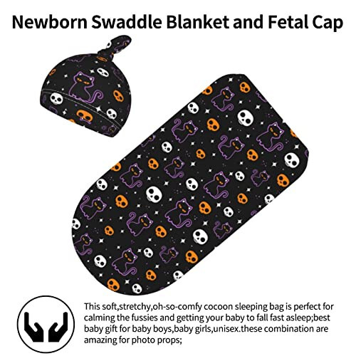 moremohome Halloween Cat Baby Swaddle Blankets & Hat Set (2 Pack, 21