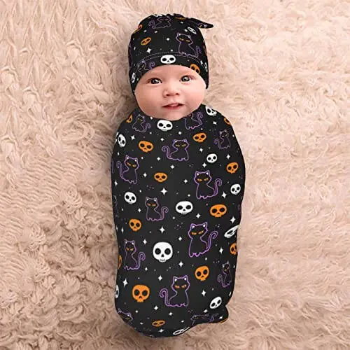 moremohome Halloween Cat Baby Swaddle Blankets & Hat Set (2 Pack, 21