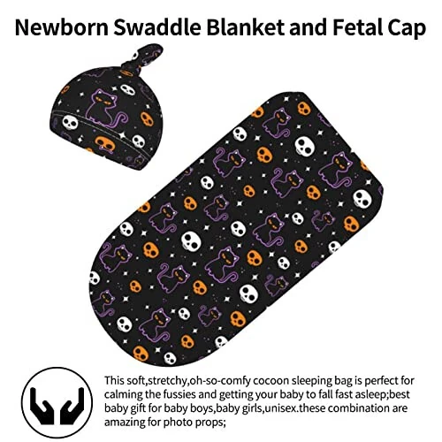 moremohome Halloween Cat Baby Swaddle Blankets & Hat Set (2 Pack, 21