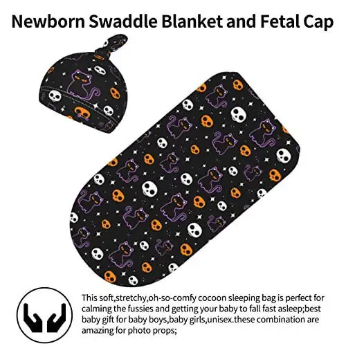 moremohome Halloween Cat Baby Swaddle Blankets & Hat Set (2 Pack, 21