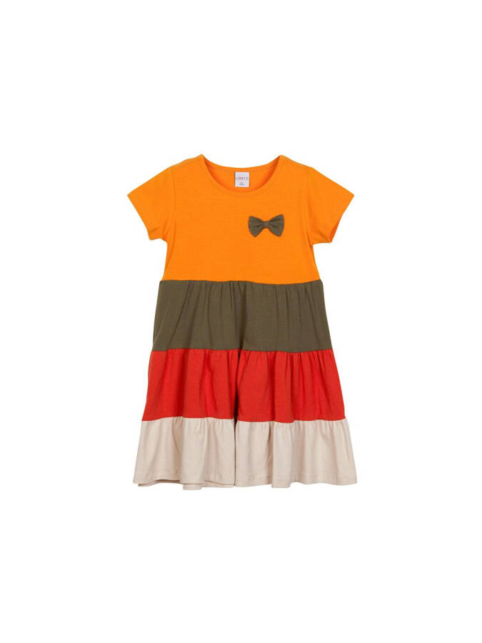 Cadmium Yellow + Stone Little Girl Short Sleeve Ribboned Colorful Tiered Dress-Yellow - 1