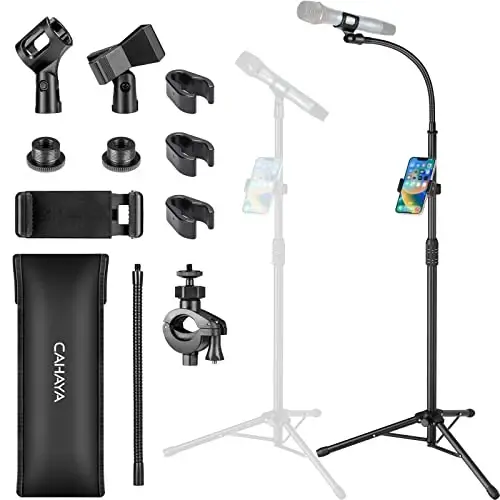 CAHAYA Dual-use Tripod Microphone Stand with Phone Holder Gooseneck Floor Mic Stand Portable with Carrying Bag and 2 Mic Clips for Singing Performance Wedding Stage Meeting Live CY0312 