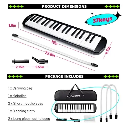 CAHAYA Melodica 37 Keys with Carrying Bag and 2 with Mouthpieces Air Piano Keyboard Musical Instrument for Kids and Adults, Black,Model CY0049-1 - 4