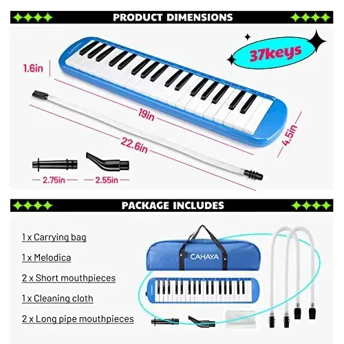 CAHAYA Melodica 37 Keys with Carrying Bag and 2 with Mouthpieces Air Piano Keyboard Musical Instrument for Kids and Adults, Blue, Model CY0049-2 - 4