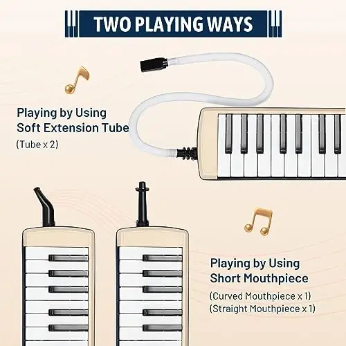 CAHAYA Melodica Instrument 32 Keys: Double Tubes Mouthpiece Air Piano Keyboard Musical Instrument Gift with Carrying Bag Beige Blue - 2