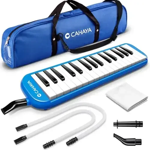 CAHAYA Melodica 2 Double Mouthpieces Tube Sets Melodicas Piano Style 32 Key Portable with Carrying Bag, Blue, CY0050-2 
