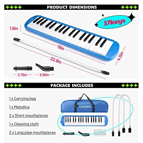 CAHAYA Melodica 37 Keys with Carrying Bag and 2 with Mouthpieces Air Piano Keyboard Musical Instrument for Kids and Adults, Blue, Model CY0049-2 - 4