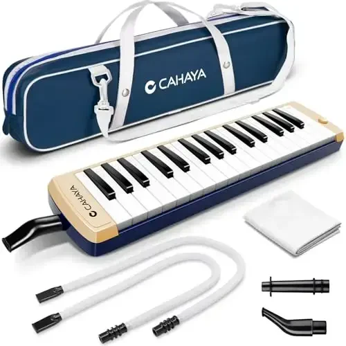 CAHAYA Melodica Instrument 32 Keys: Double Tubes Mouthpiece Air Piano Keyboard Musical Instrument Gift with Carrying Bag Beige Blue 