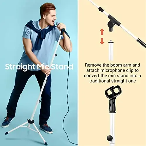 CAHAYA Microphone Stand Tripod Boom Arm Floor Mic Stand with Carrying Bag and 2 Mic Clips for Singing Performance Wedding Stage and Mic Mount White - 6