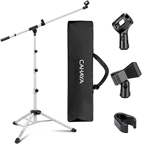 CAHAYA Microphone Stand Tripod Boom Arm Floor Mic Stand with Carrying Bag and 2 Mic Clips for Singing Performance Wedding Stage and Mic Mount White - CAHAYA