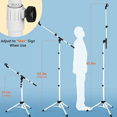 CAHAYA Microphone Stand Boom Arm Floor Mic Stand Tripod Mount White | Portable Floor Mic Stands with Carrying Bag 2 Clips Ideal Boom Arm Setup for Singing Stage Performance Wedding - 2
