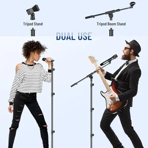 CAHAYA Mic Stand Floor Adjustable - Tripod Boom Arm Microphone Stand with Carrying Bag 2 Mic Clips 3/8