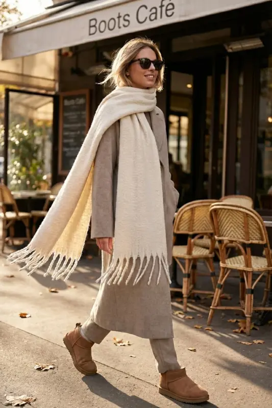 Cairo Bouclé 100% Buklet Soft Touch Kemik Rengi Premium Atkı-Beyaz - NOVON