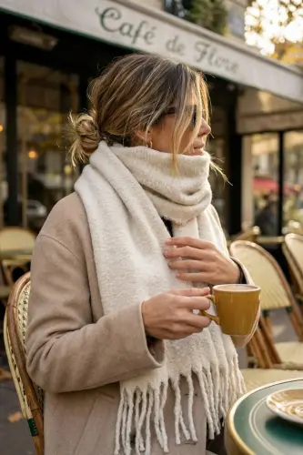 Cairo Bouclé 100% Buklet Soft Touch Kemik Rengi Premium Atkı - Beyaz - NOVON (1)