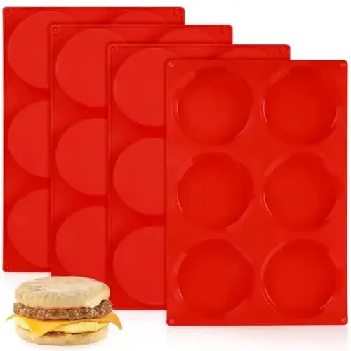 CAKETIME 4 Inch Muffin Top Pan, Silicone Egg Molds for Breakfast Sandwiches Jumbo Round Baking Pan for Oven English muffins, Whoopie Pies, Corn Bread, Egg bites, Tarts 4 Pack Red - 1