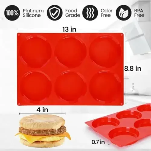 CAKETIME Jumbo Muffin Top Pan, Silicone Egg Molds for Breakfast Sandwiches 4 Inch Large Baking Pan for Oven English muffins, Whoopie Pies, Corn Bread, Tarts 2 Pack Red - 4