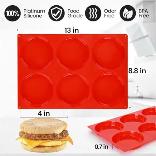 CAKETIME Muffin Top Pan, Jumbo Silicone Egg Molds for Breakfast Sandwiches 4 Inch Round Baking Pan for Oven English Muffins, Whoopie Pies, Corn Bread, Egg bites, Tarts 3 Pack Red - 4