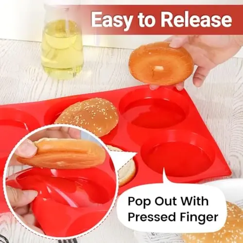 CAKETIME Muffin Top Pan, Jumbo Silicone Egg Molds for Breakfast Sandwiches 4 Inch Round Baking Pan for Oven English Muffins, Whoopie Pies, Corn Bread, Egg bites, Tarts 3 Pack Red - 5